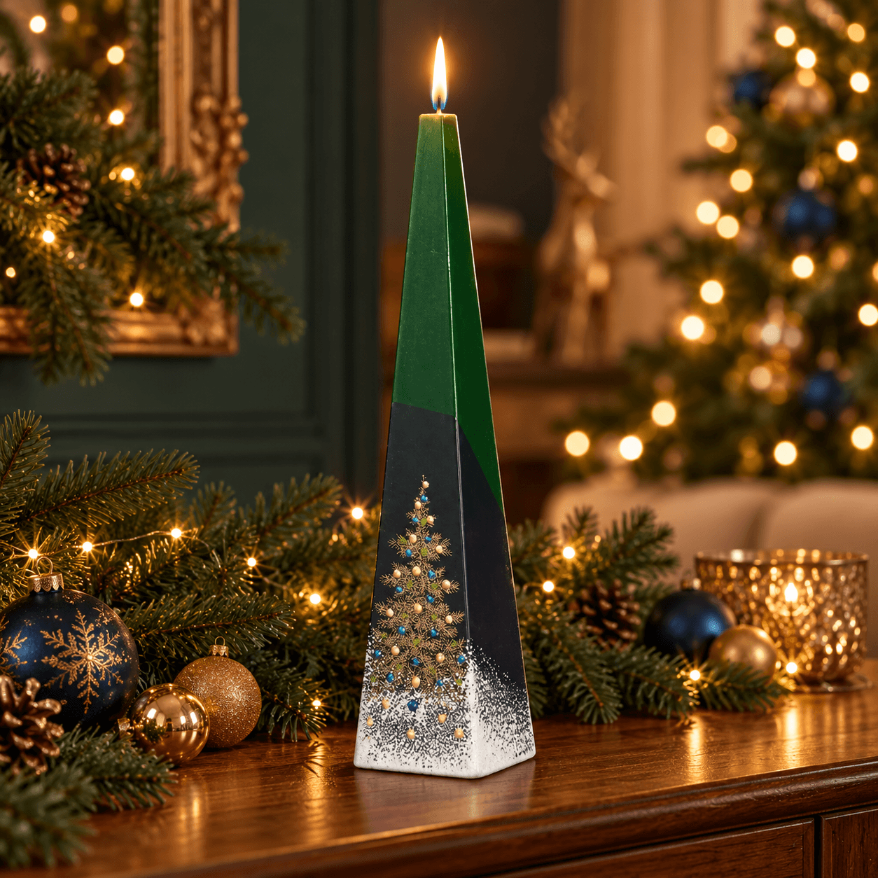 Handgefertigte Pyramidenkerze Weihnachtsbaum Schwarz/Grün 60x250 mm