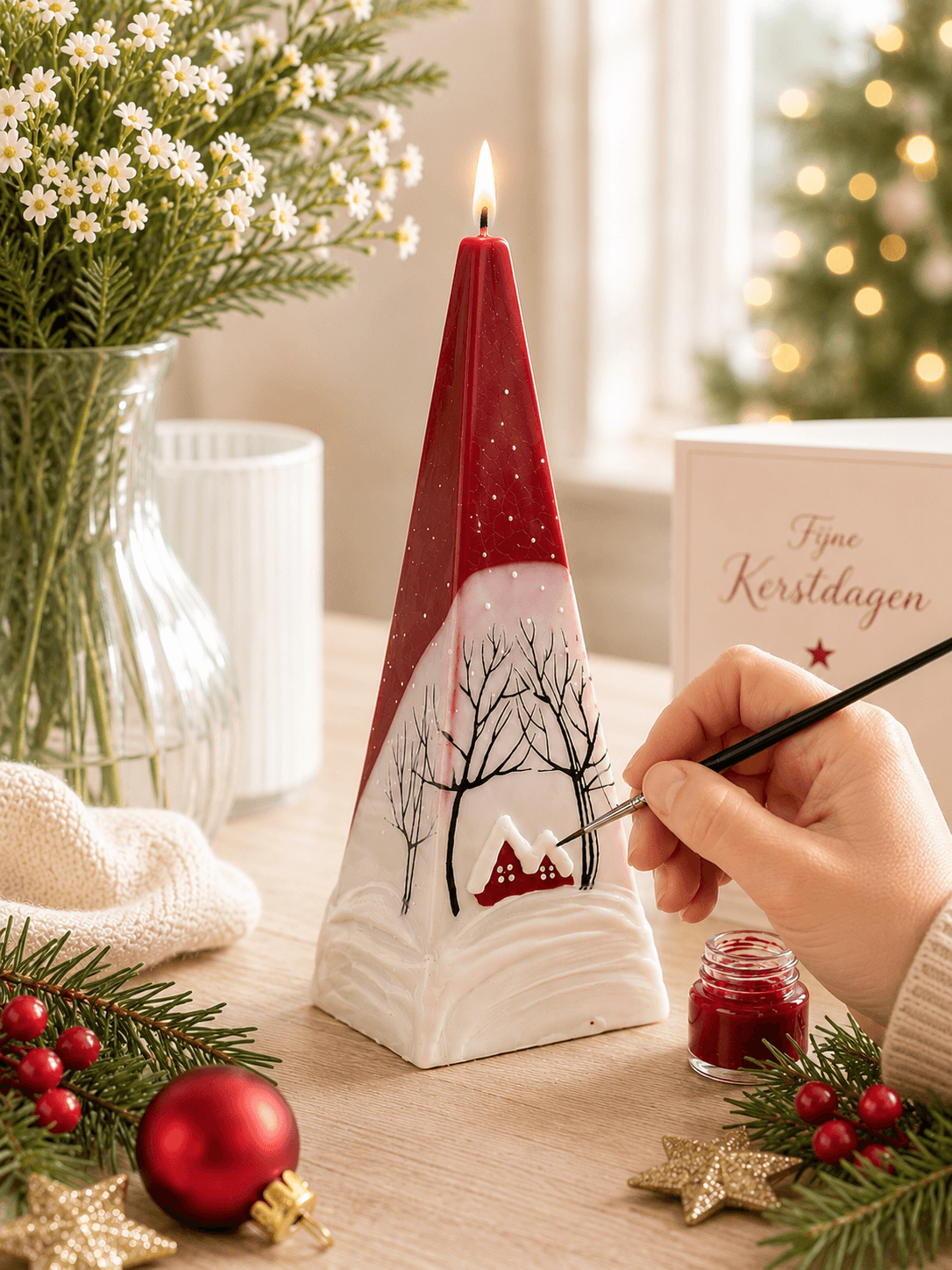Handgefertigte Pyramidenkerze 50x150 mm / Winterszene
