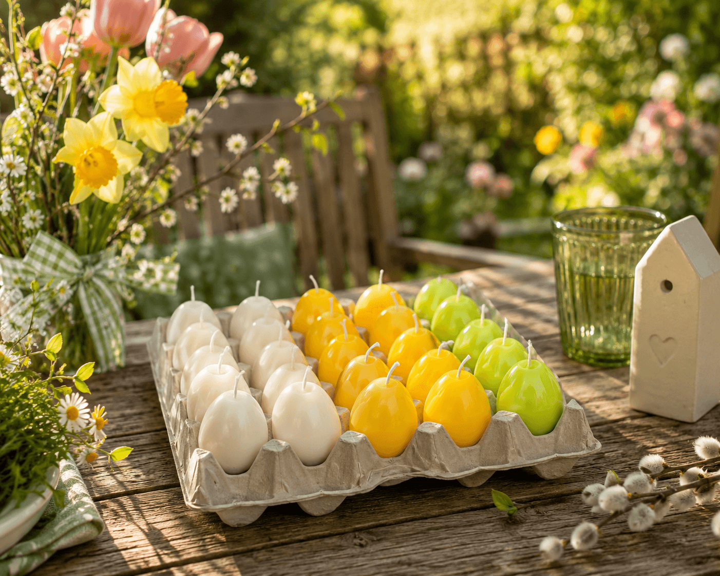 Tray mit 30 Stück Ostereiern Grün/Gelb/Weiß