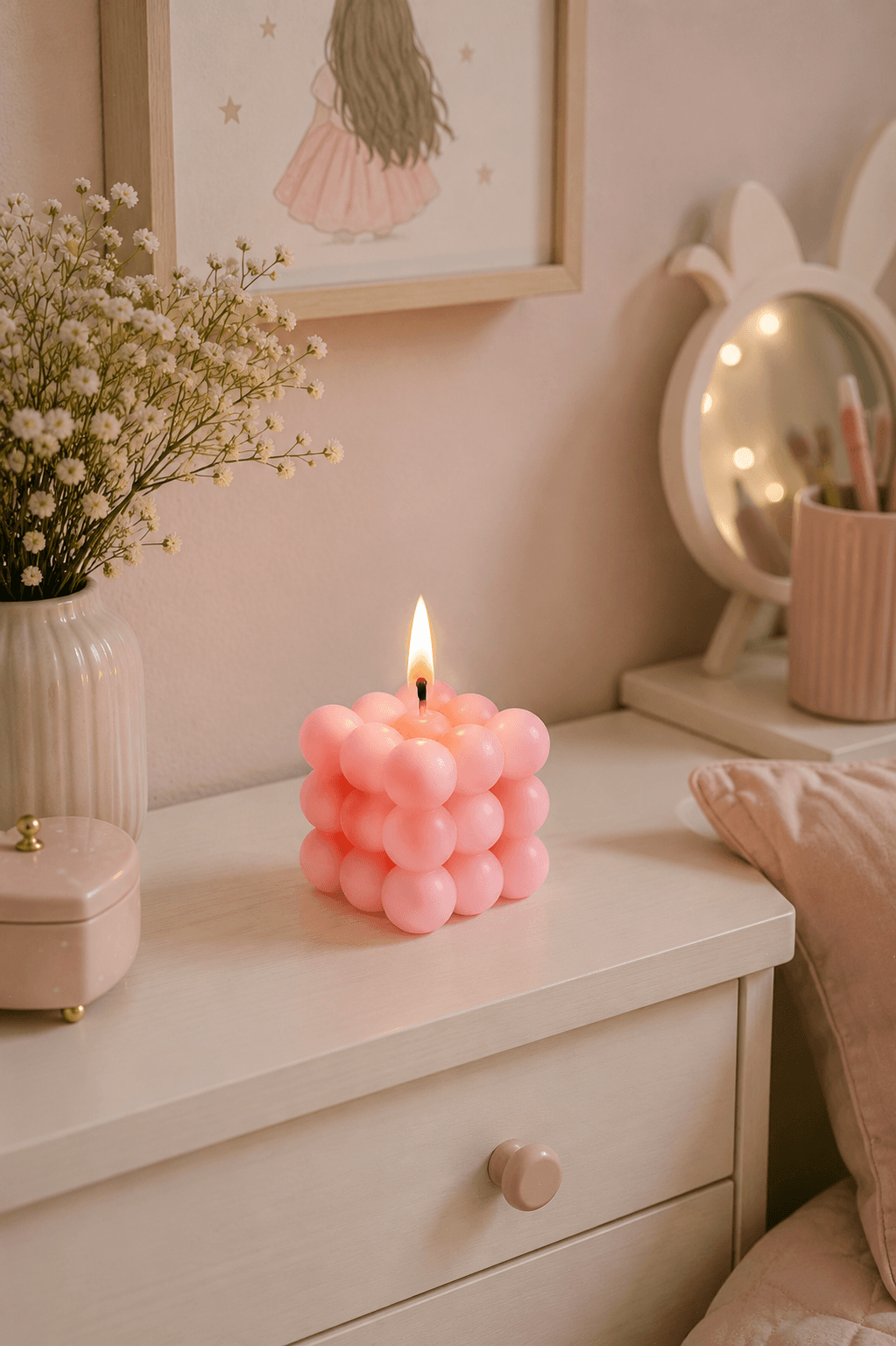 Rosa Bubble-Kerze 6x6x6 cm