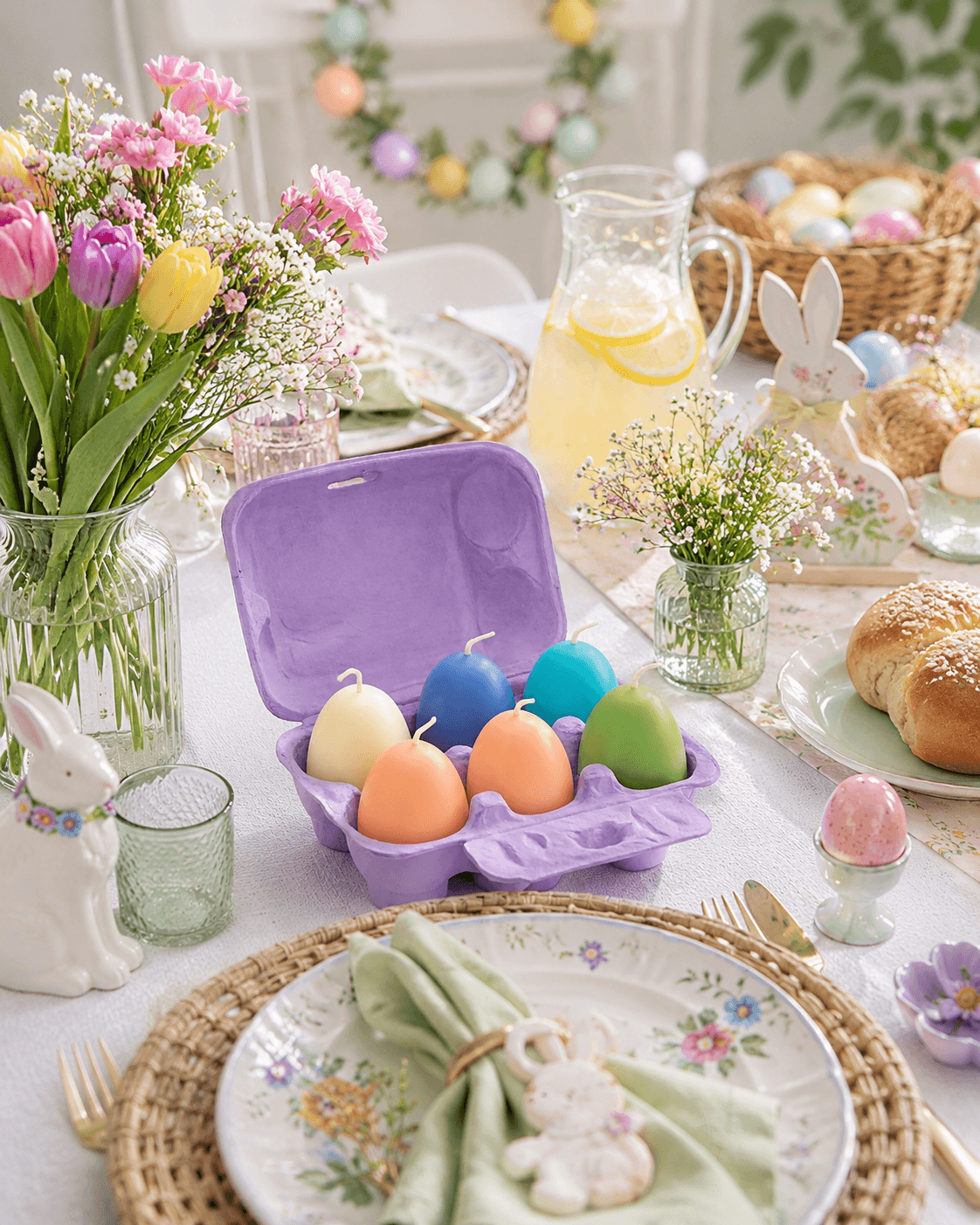 Eierkarton mit 6 Ostereier-Kerzen in Pastelltönen
