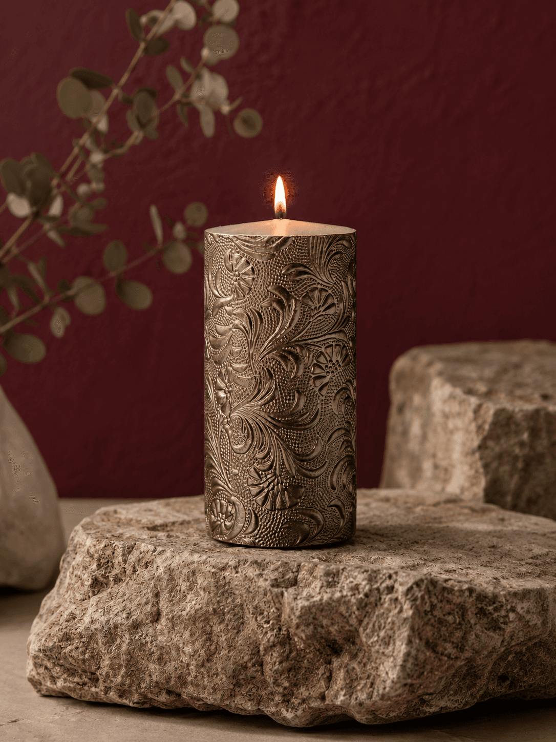 Stumpenkerze Flowers roségold 70 x 130 mm