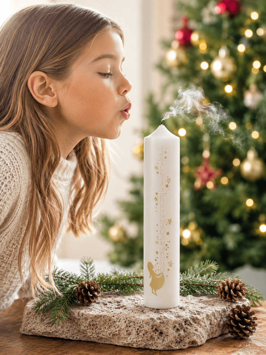 Stumpenkerze Advent Mädchen mit Sternen 50x265 mm