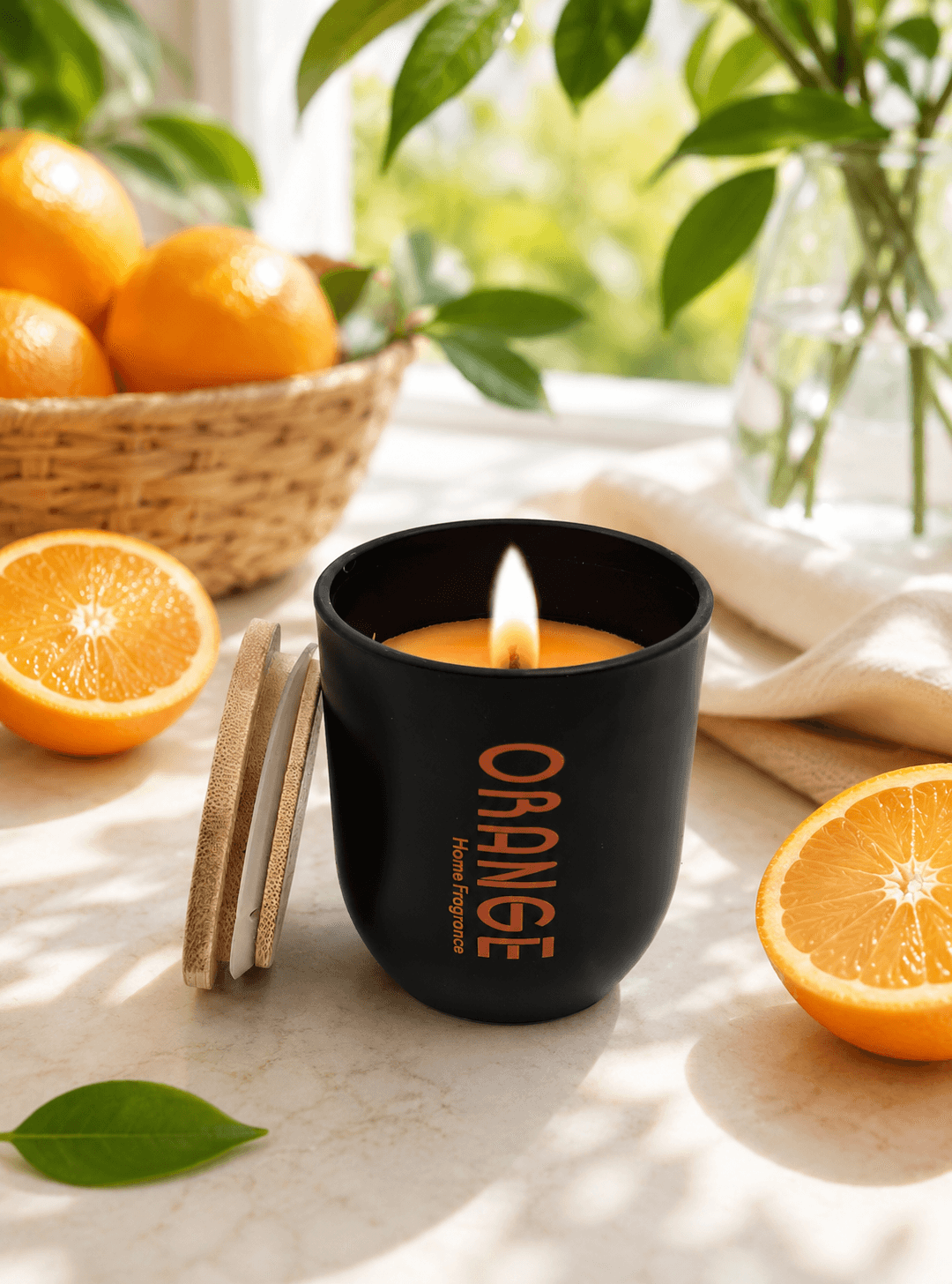 Duftkerze Orange mit Holzdeckel und Holzdocht 70x80 mm / schwarz-orange