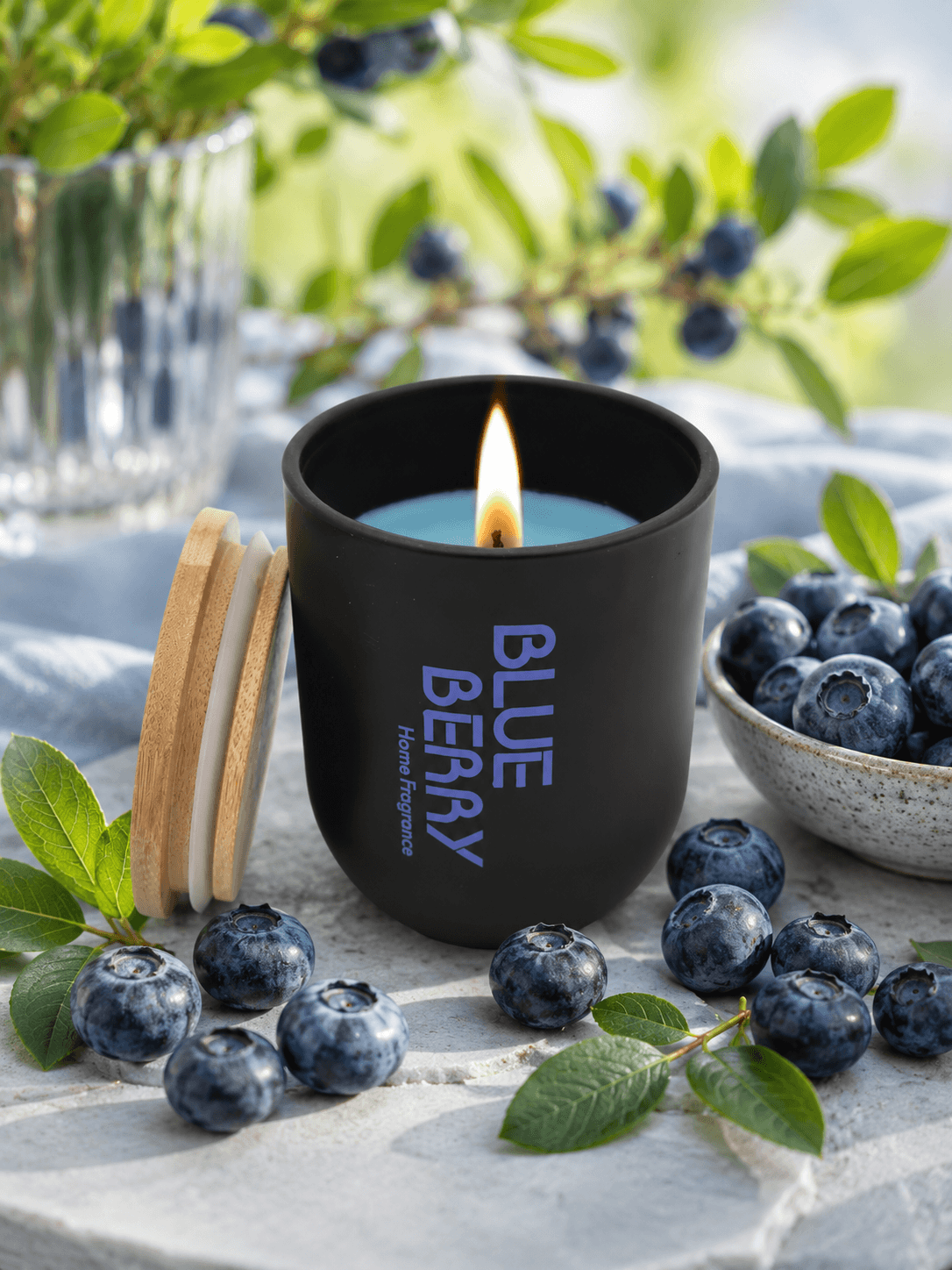 Blaubeer-Duftkerze mit Holzdeckel und Holzdocht 70x80 mm / Schwarz