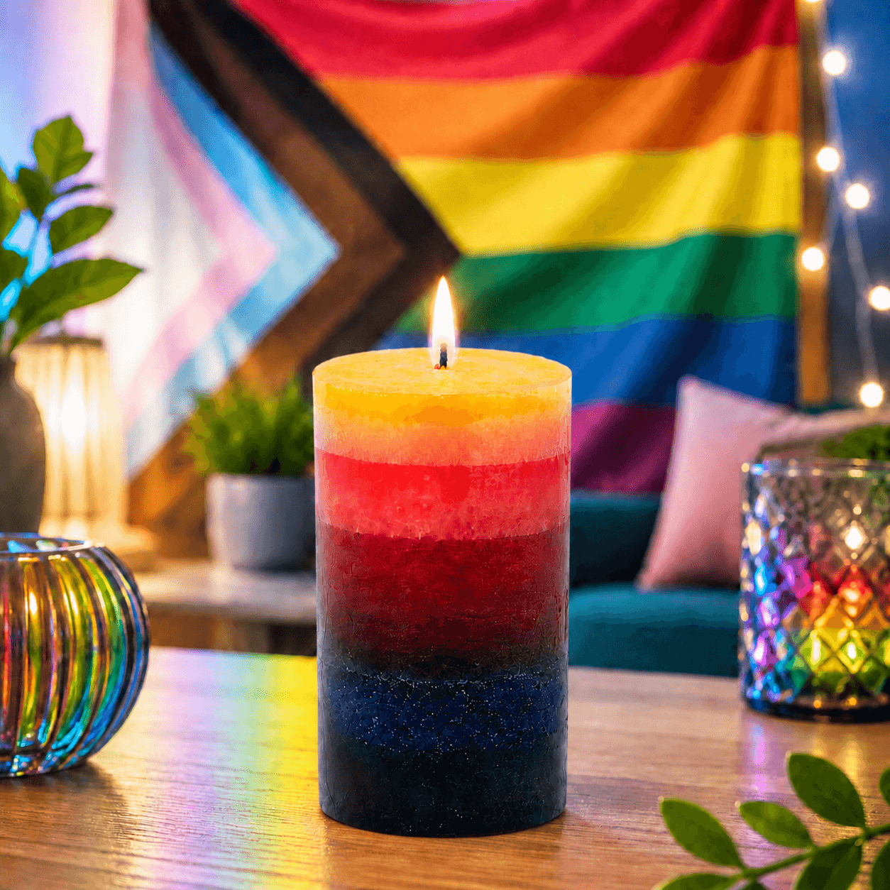 Regenbogen-Stumpenkerze Pride | mehrfarbig geschichtet | 75 x 150 mm