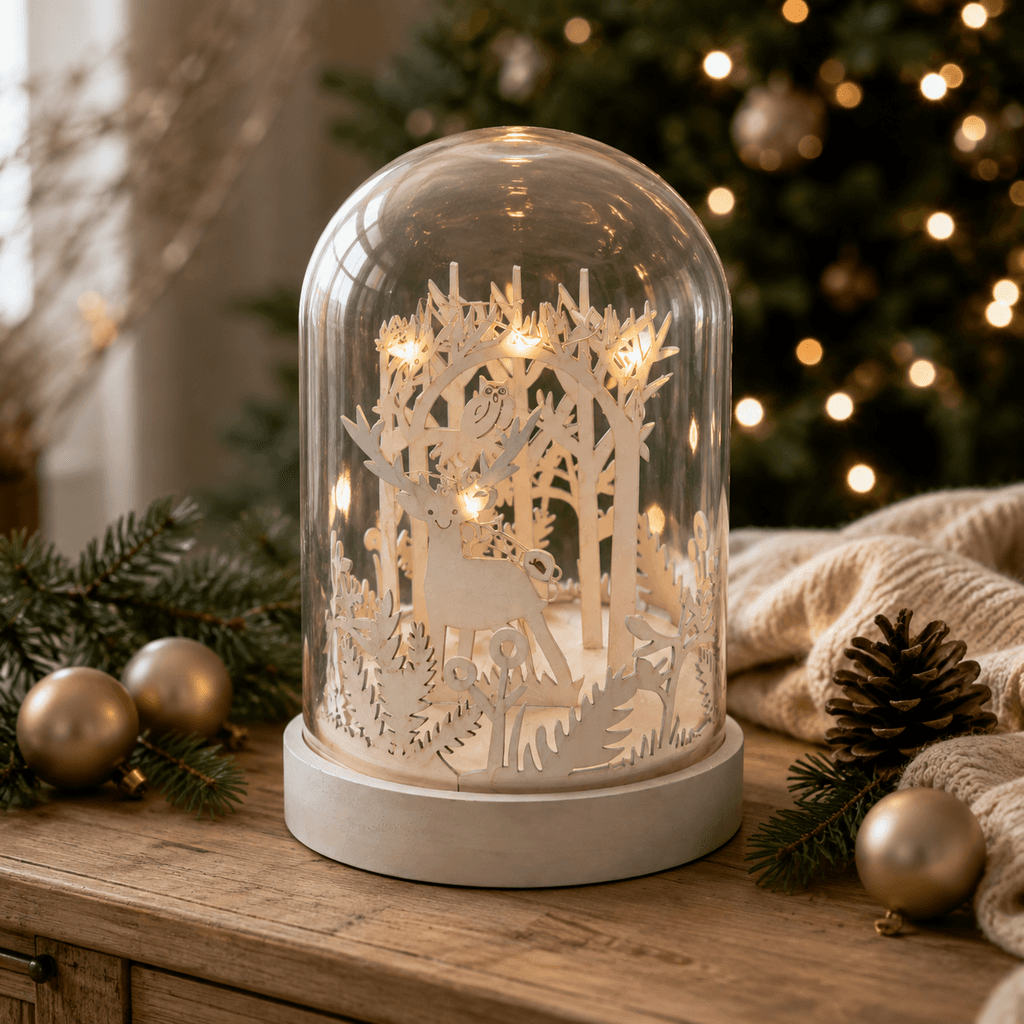 LED-Weihnachtsdekoration Winterwald unter Glasglocke