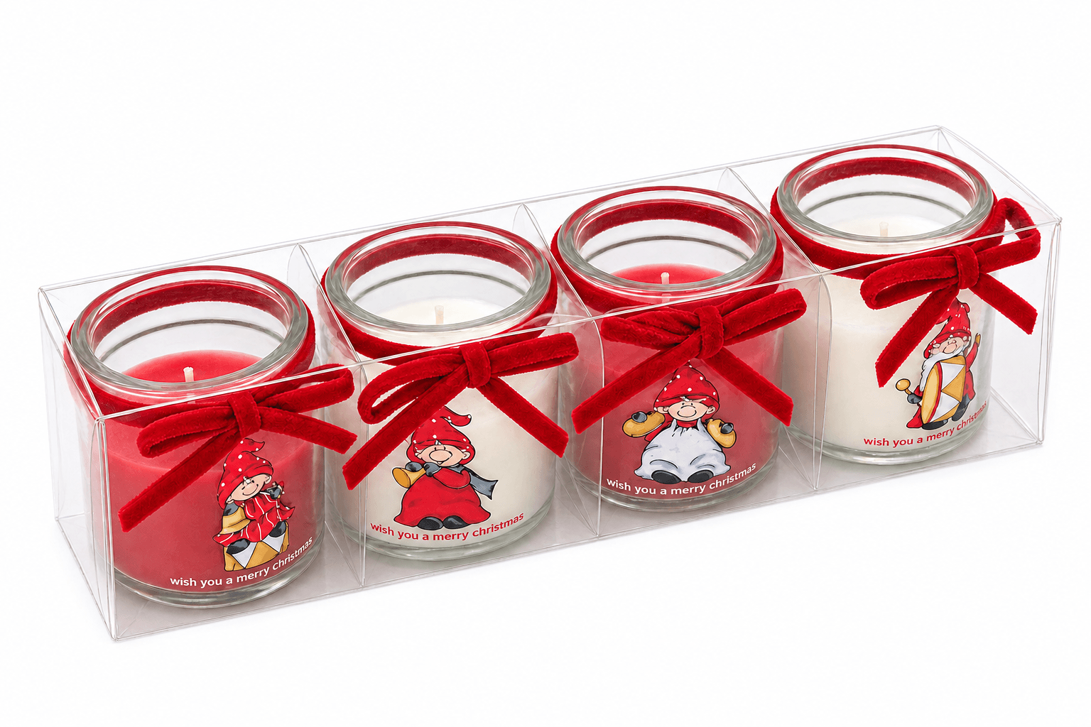 Weihnachtskerzen im Glas mit Weihnachtswichteln | Rot/Weiß – 4er-Set Bild 2