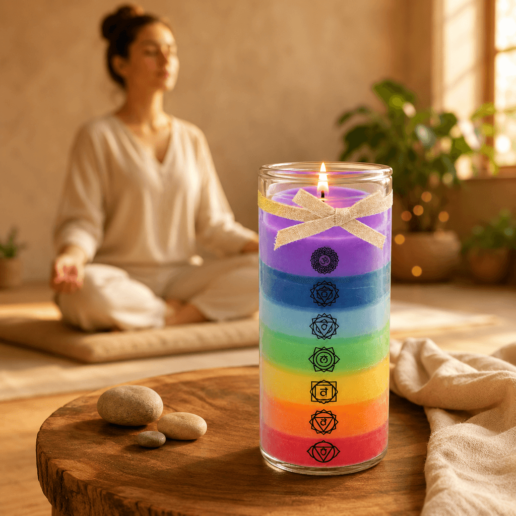 Chakra-Kerze mit sieben Farben und Symbolen im Glas Ø 60 × 140 mm