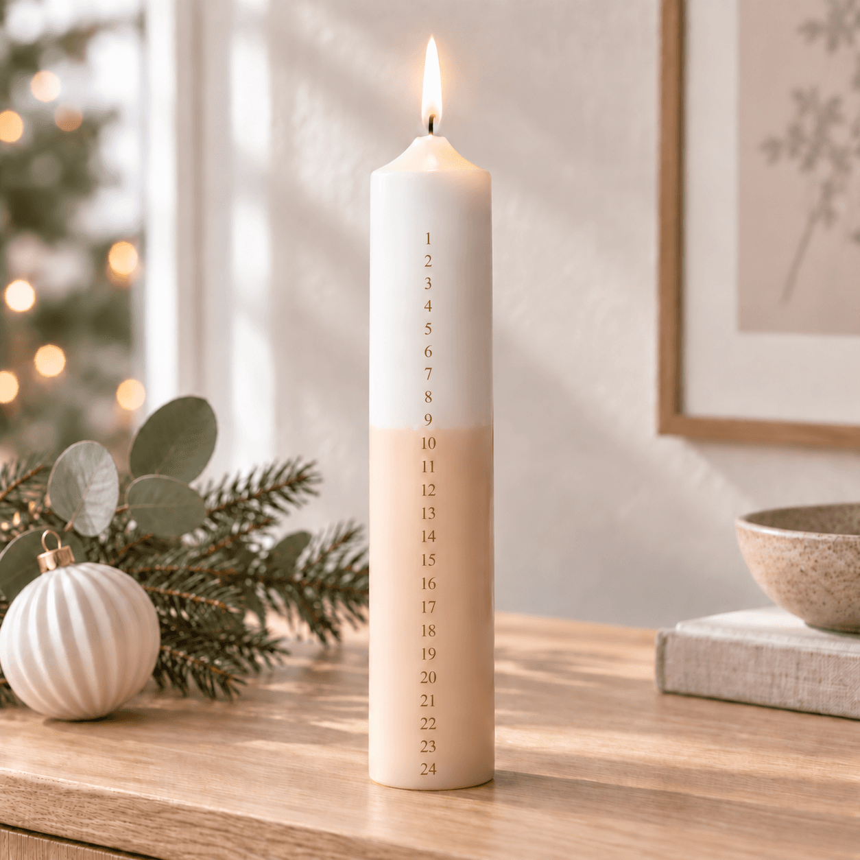 Adventskalenderkerze 50 × 265 mm / Weiß-Beige mit goldenen Zahlen