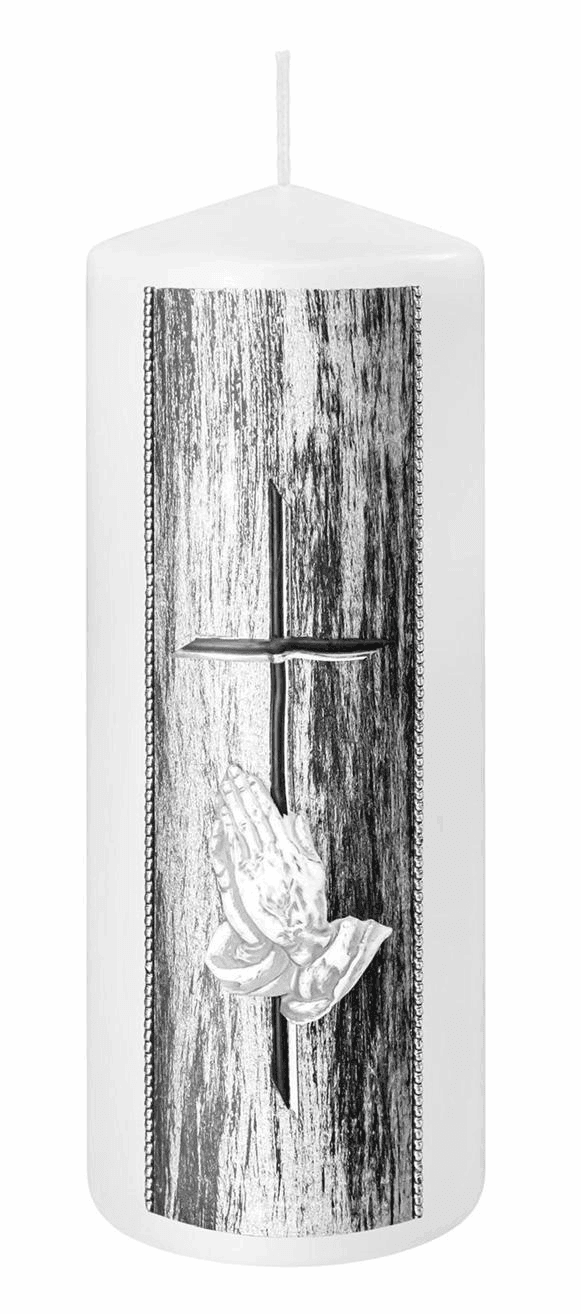Trauerkerze mit Kreuz und betenden Händen 78x200 mm / Weiß Bild 2