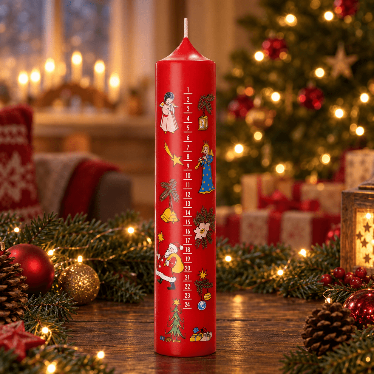 Adventskerze mit Weihnachtsfiguren 50 × 265 mm / Rot