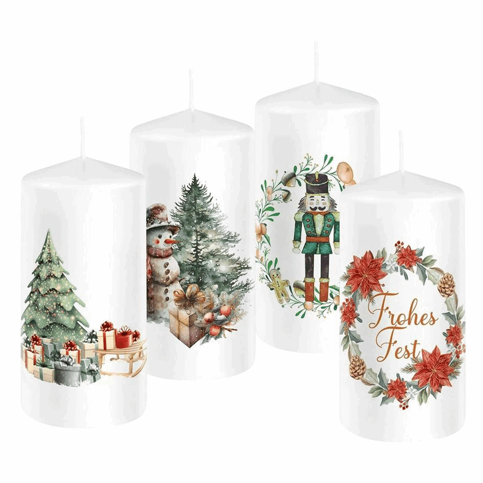 Weihnachtskerzen mit festlichen Illustrationen 58 × 120 mm – 4er-Set Bild 2