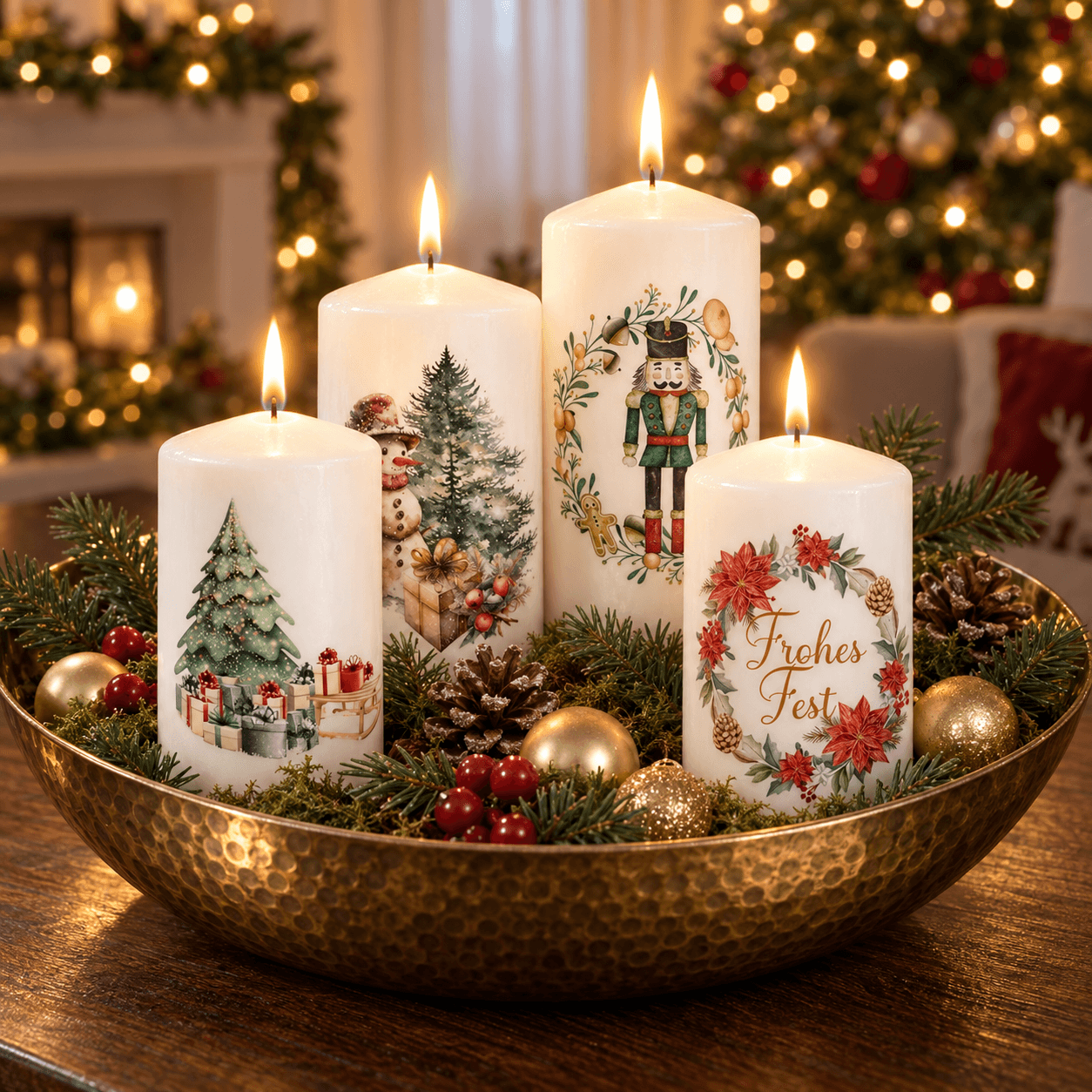 Weihnachtskerzen mit festlichen Illustrationen 58 × 120 mm – 4er-Set